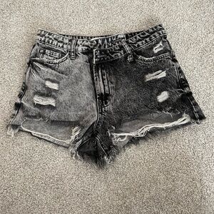 Two-Tone Distressed Black and Gray Denim Shorts